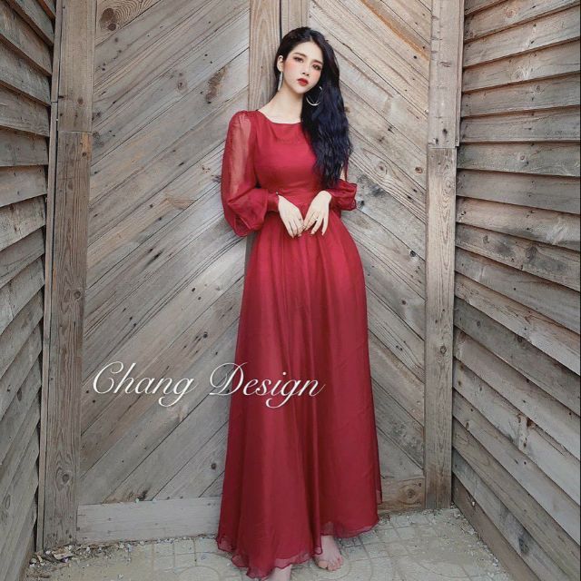 Đầm Maxi Dạ Hội Tay Dài Xẻ TasLaShop - Maxi Biển