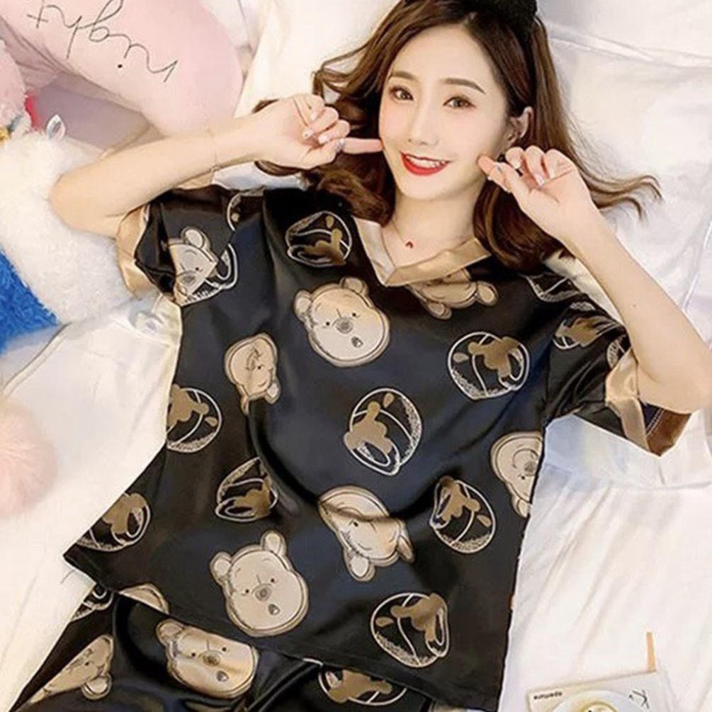 Quần áo ngủ,  Bộ ngủ pijama gấu Pooh đen ngắn tay cổ tim | BigBuy360 - bigbuy360.vn