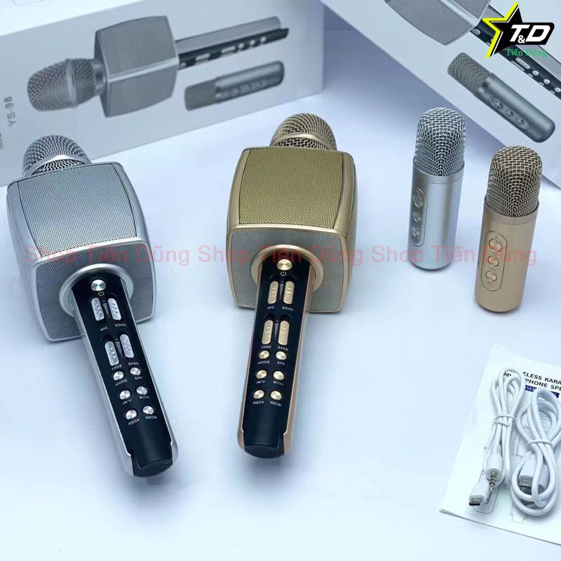 Mic bluetooth karaoke YS98 kèm 1 micro cầm tay có thể hát song ca cùng lúc âm thanh giả giọng