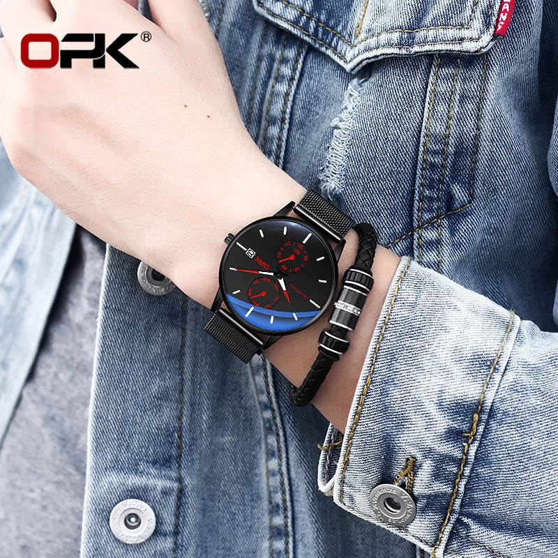 Đồng hồ nam OLEVS OPK dây lưới chống nước, chống xước kim dạ quang có lịch ngày thời trang cao cấp trẻ trung năng động