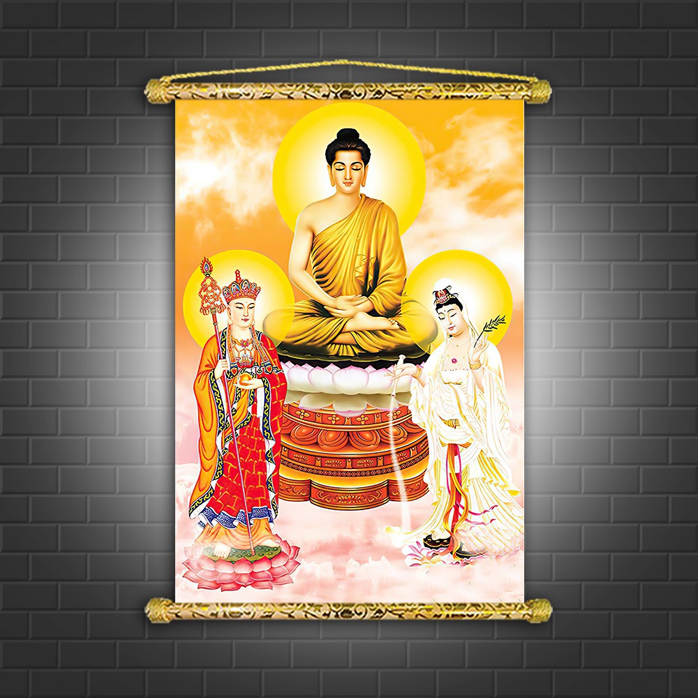 Tranh Liễn Phật Giáo - Tây Phương Tam Thế Phật – Vải canvas cao cấp nẹp sáo gỗ tự nhiên