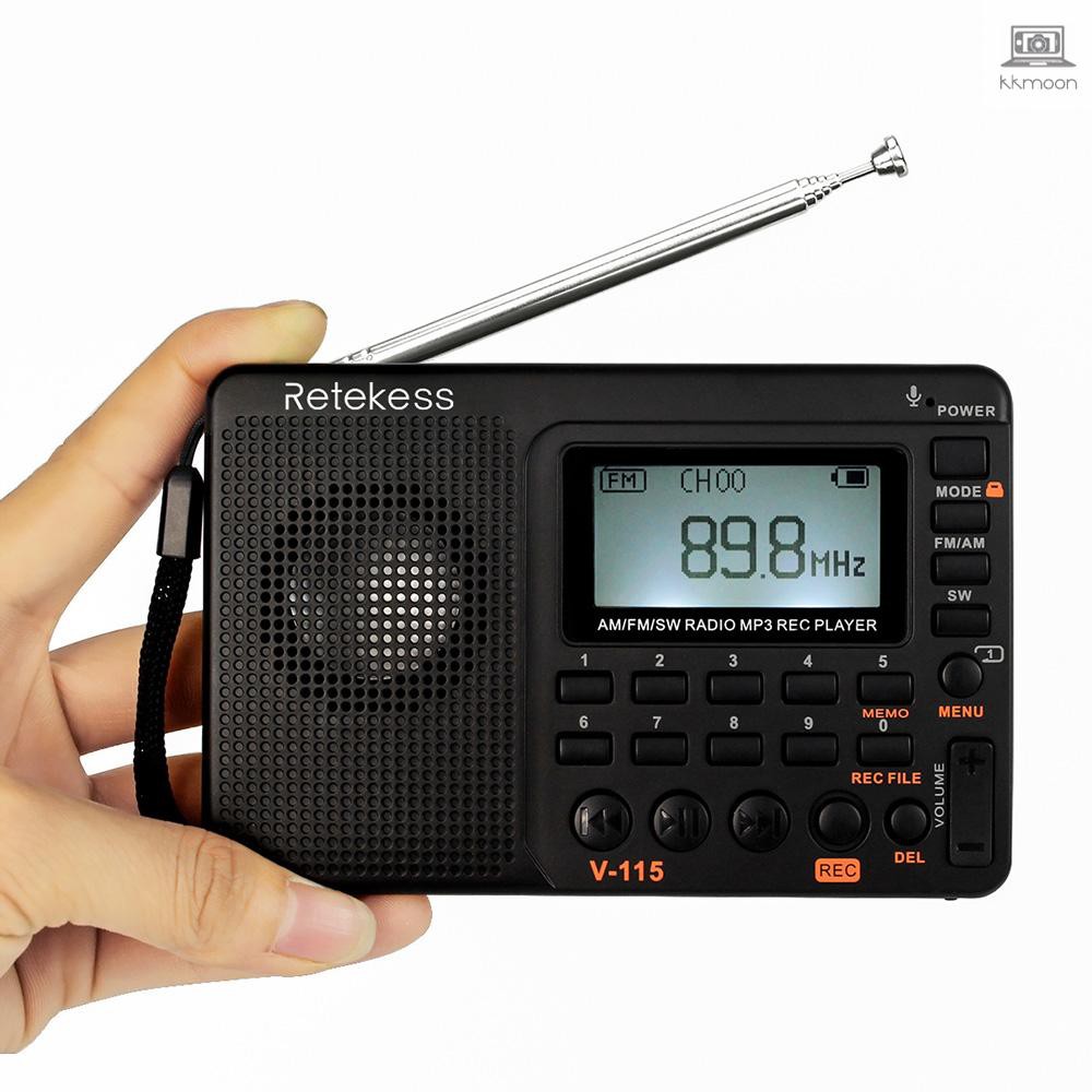 Retekess V-115 FM/AM/SW Radio Multiband Radio Receiver REC Recorder Bass Sound MP3 Player Speakers with Sleep Timer Black