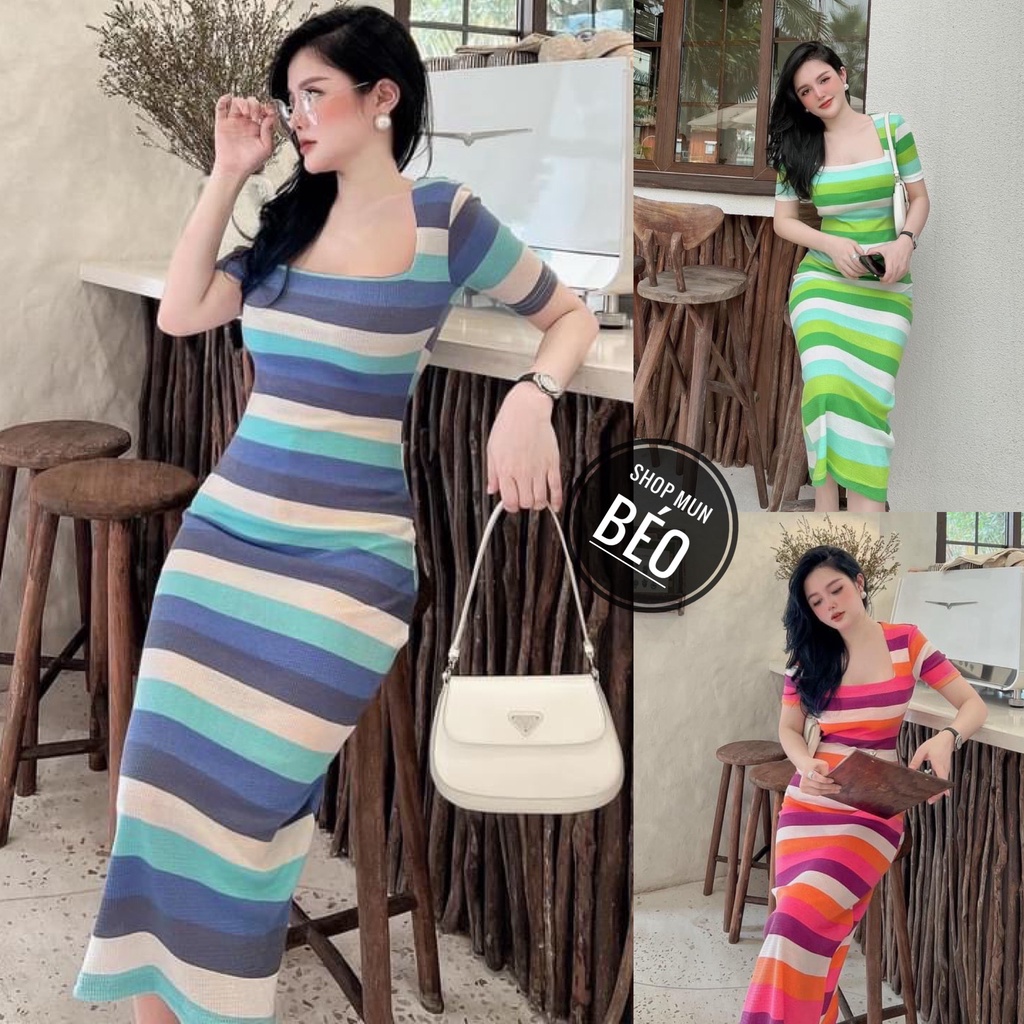 Đầm Body Cổ Vuông Tay Ngắn Sọc Ngang Chất Thun Co Giãn Thích Hợp Mặc Đi Tiệc Đi Làm Đi Chơi