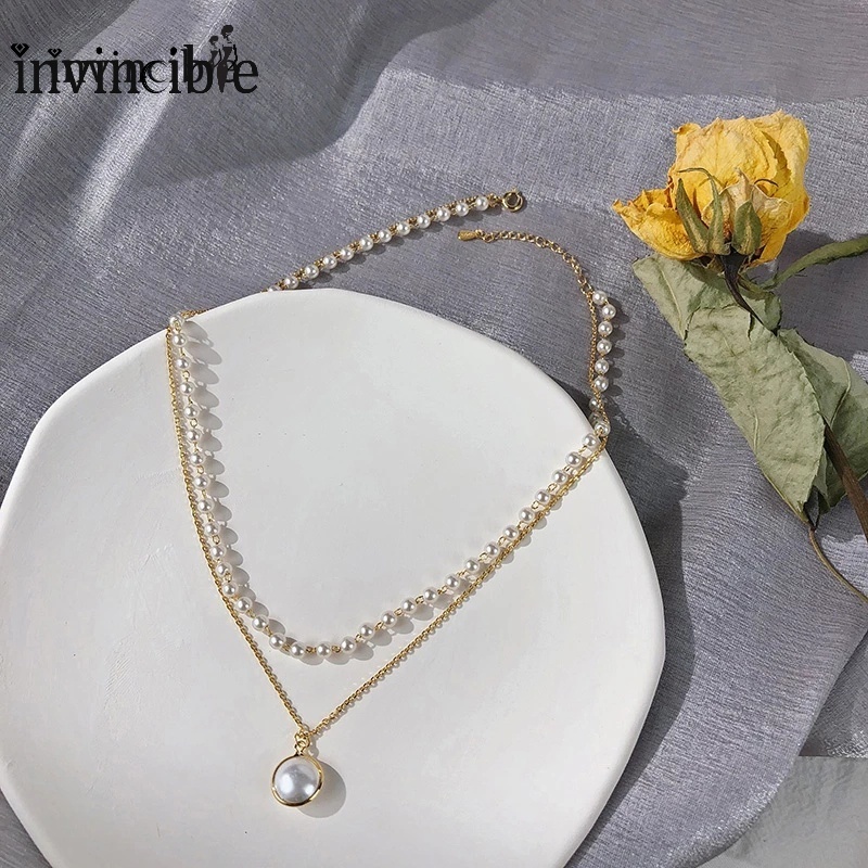 Fashion Temperament Imitation Pearls Ladies Clavicle Chain/ Multilayer Gold Color Alloy Trendy Pendent Necklace