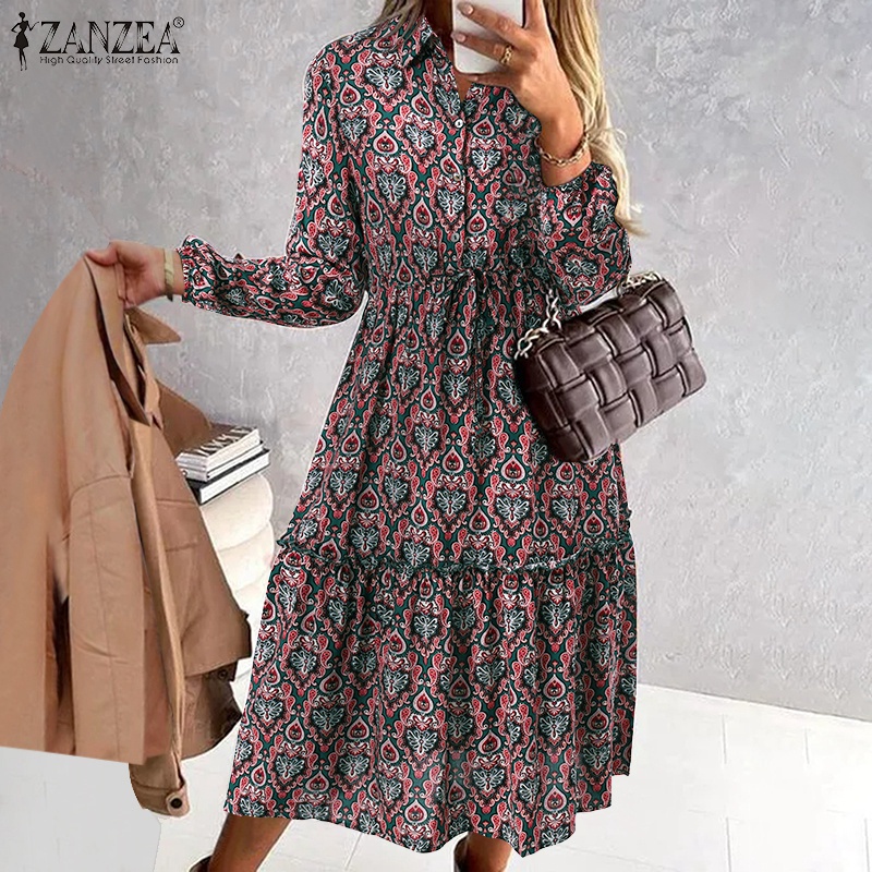 Đầm chữ a ZANZEA tay dài cổ bẻ lưng cao in họa tiết hoa thiết kế rút dây vòng eo thời trang thanh lịch cho nữ