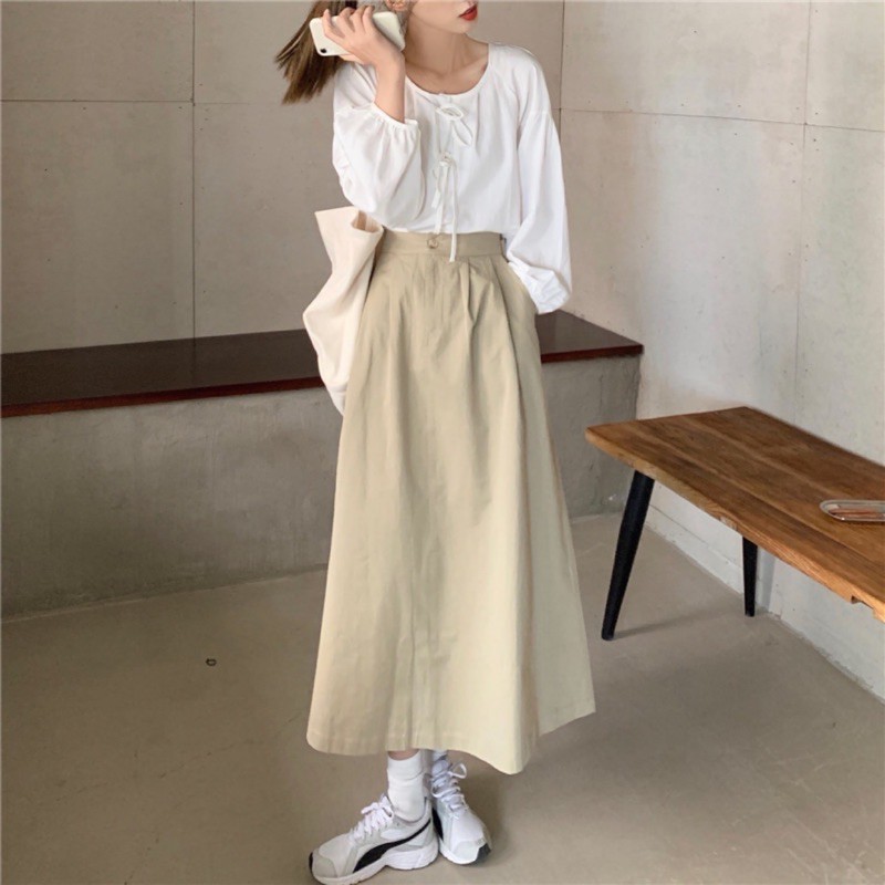 Urihouse - (Sẵn) Chân váy kaki dáng dài midi chữ A màu kem cạp chun phía sau | BigBuy360 - bigbuy360.vn