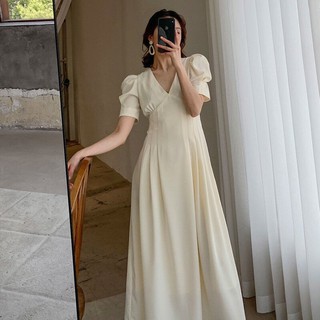 Đầm midi xếp eo cổ V tay phồng style nàng thơ (S/M)