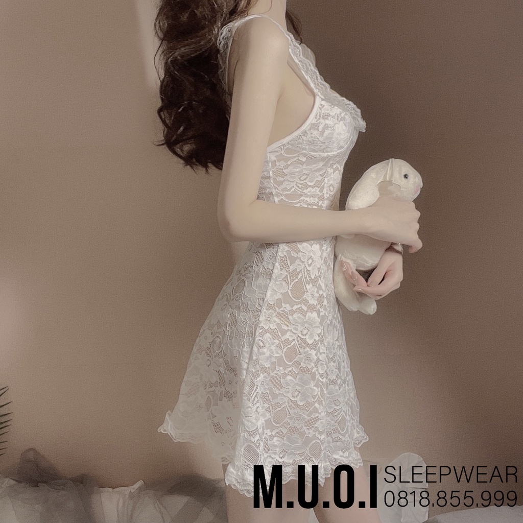 SX 049 - Váy ngủ ren trắng hoa nổi cao cấp QUẢNG CHÂU Muối sleepwear - Hàng có sẵn( video+ ảnh thật)