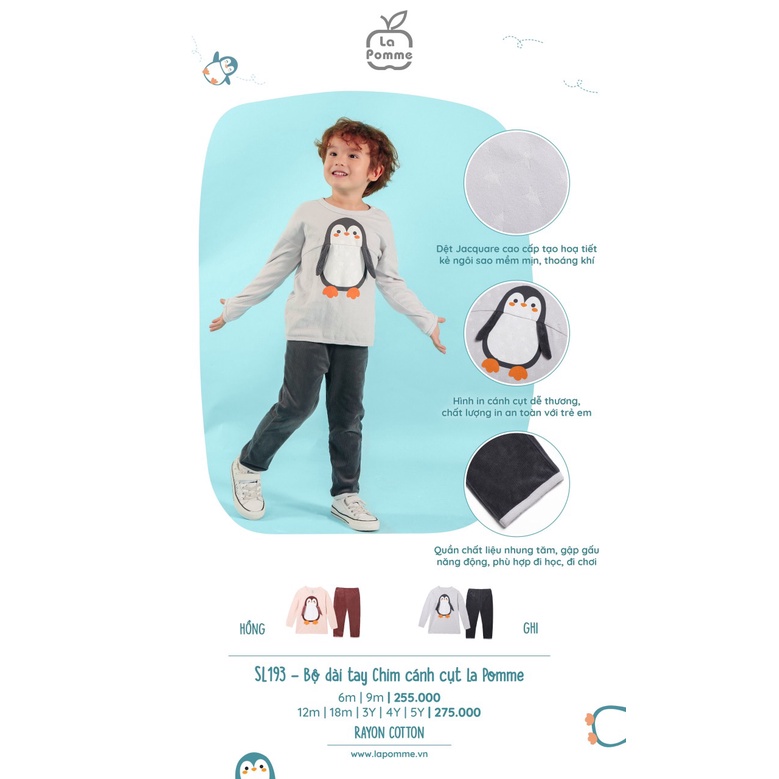 La pomme- Bộ quần áo dài tay bé trai bé gái SL193 Chim cánh cụt La pomme