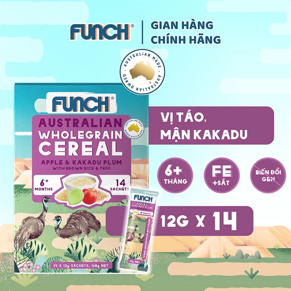 Bột Ăn Dặm Ngũ Cốc FUNCH Cho Bé Từ 6 Tháng Vị Táo, Mận Kakadu Hộp 14 gói 168g