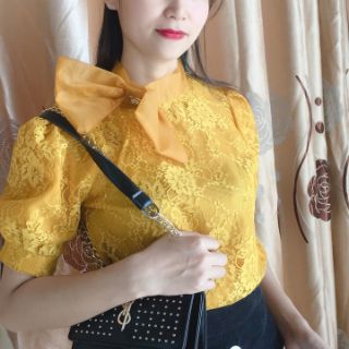 Áo ren tiểu thư,cổ phối nơ voan