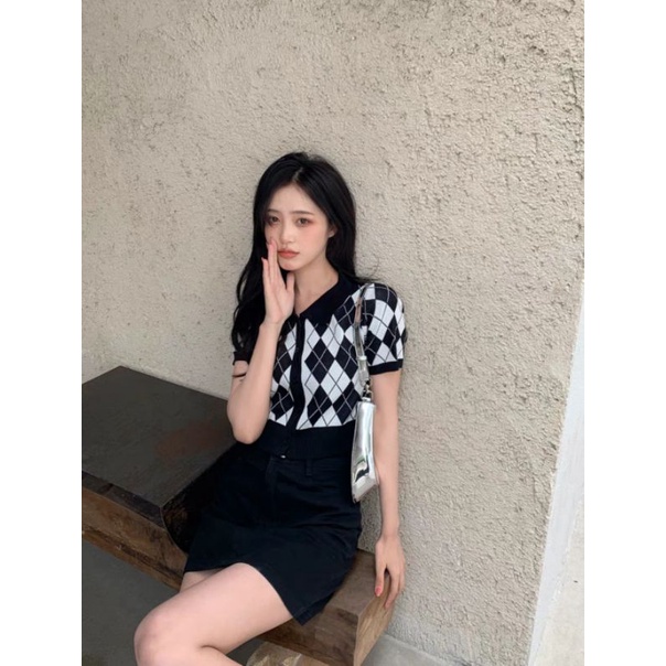 |ORDER TAOBAO| Áo thun croptop len gân họa tiết ô vuông