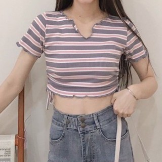 Áo Croptop Cổ V Cuộn Viền Ulazzang Laca Store (Áo cuốn bèo) áo crt rút dây hông H5-1