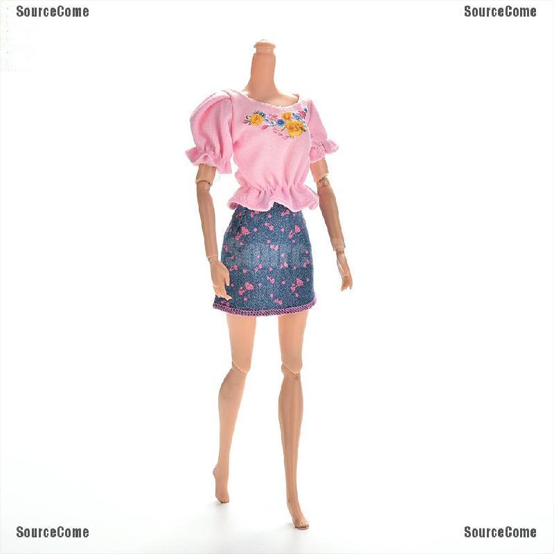 Set 2 Món Áo Thun + chân váy jean Màu Hồng / Xanh Dương Cho Búp Bê Barbie