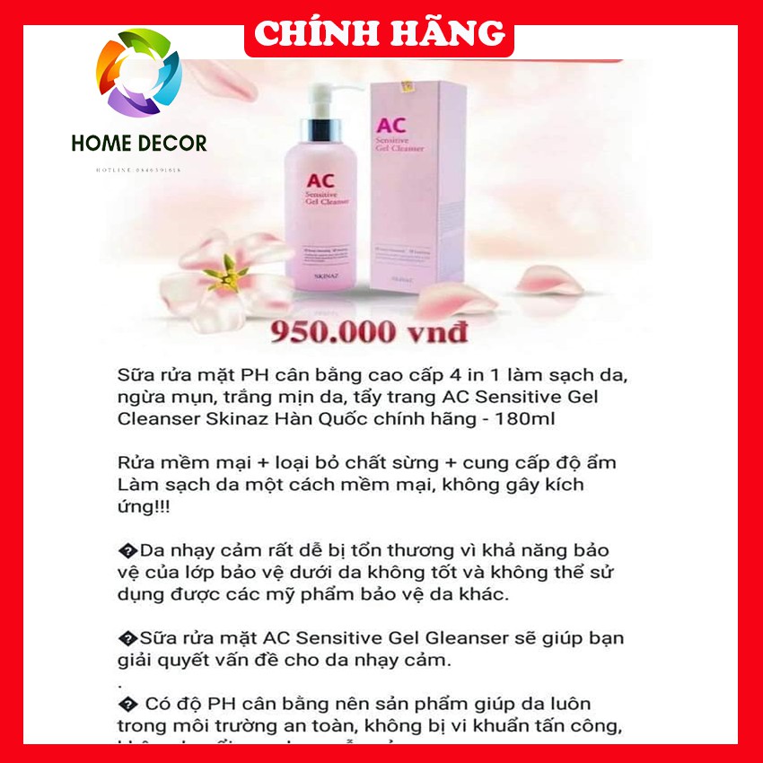 [Chính Hãng]Sữa Rửa Mặt AC Skinaz Sensitive Gel Cleanser Hàn Quốc, Sữa Rửa Mặt Dành Cho Da Nhạy Cảm,Sữa Rửa Mặt AC