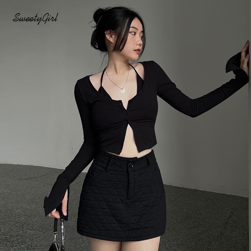 Áo Croptop Tay Dài Cổ Chữ V Màu Trơn Thời Trang 2022 Quyến Rũ Cho Nữ