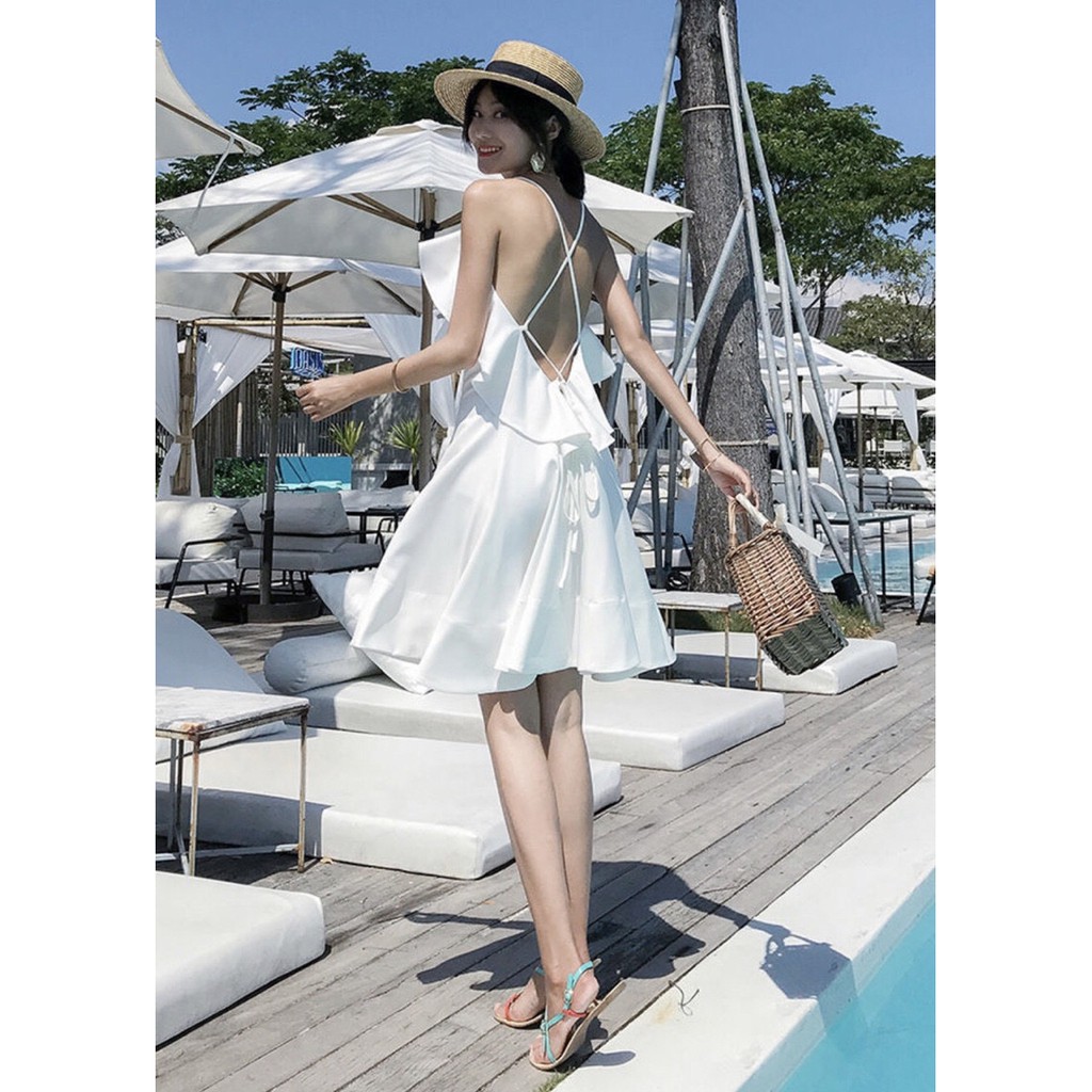 Đầm Trắng Xòe Đi Biển Hai Dây Đan Lưng Có Lót Trong - DX985 | BigBuy360 - bigbuy360.vn