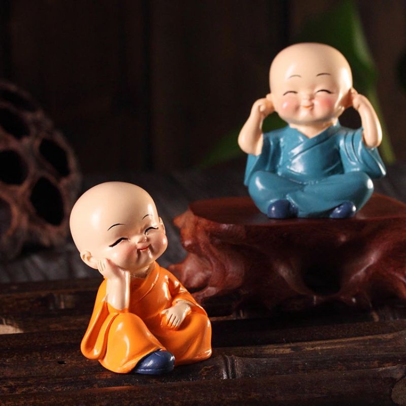 Bộ Tượng Chú Tiểu Hòa Thượng Tứ Không - Phật Phong Thủy Mini 4 Tư Thế, Trang Trí Xe Hơi, Để Bàn Làm Việc