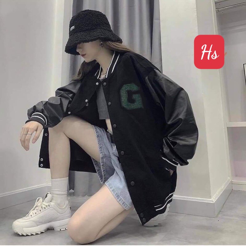 Áo Khoác Bomber Nam Nữ Varsity Jacket form rộng chất nỉ Phối Tay Da thêu chữ G màu xanh | BigBuy360 - bigbuy360.vn