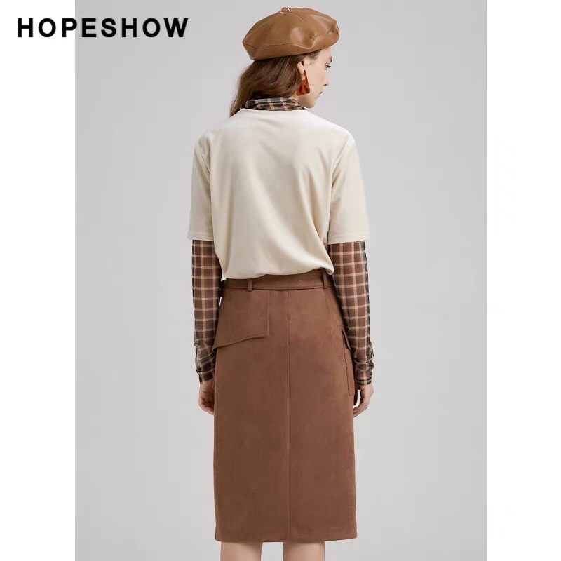 Chân váy da lộn nâu Hopeshow