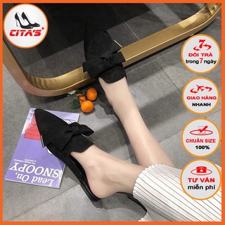 Sục nơ kẹp mũi nhọn chất liệu da lộn - Sục nữ - Giày sục nơ mẫu hot nhất 2020 - Citashoes