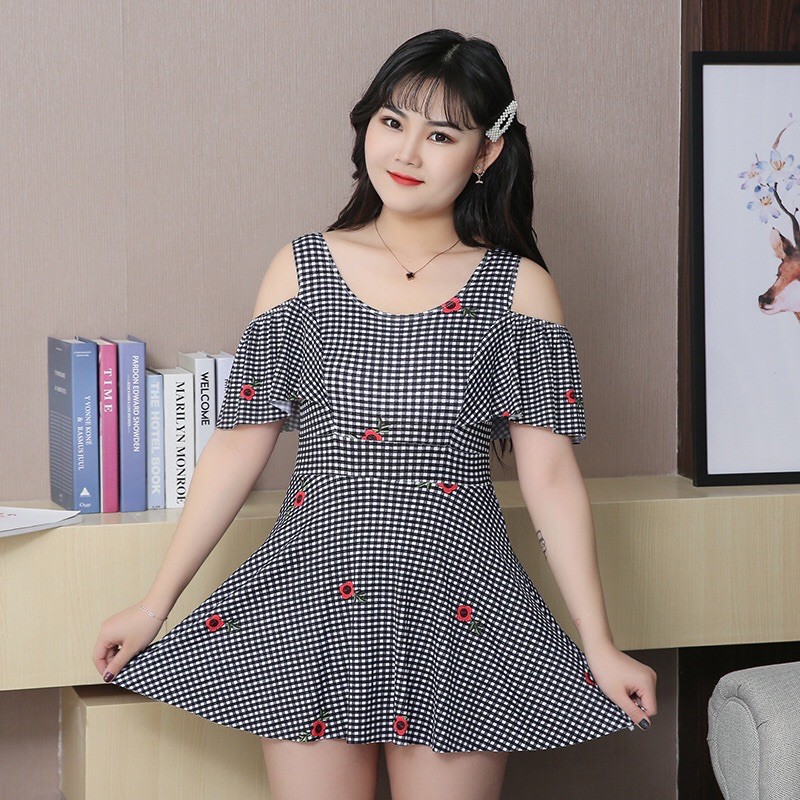 bộ bơi caro big size đi biển khoét vai in hoa kín đáo size 60-85kg