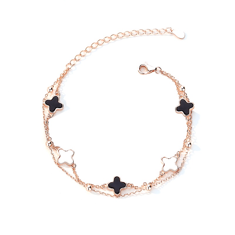 Lắc Tay Bạc Nữ hình Cỏ Bốn Lá Hai Dây - Vòng tay Bạc tự thiết kế của Sterling M.Lady Jewelry