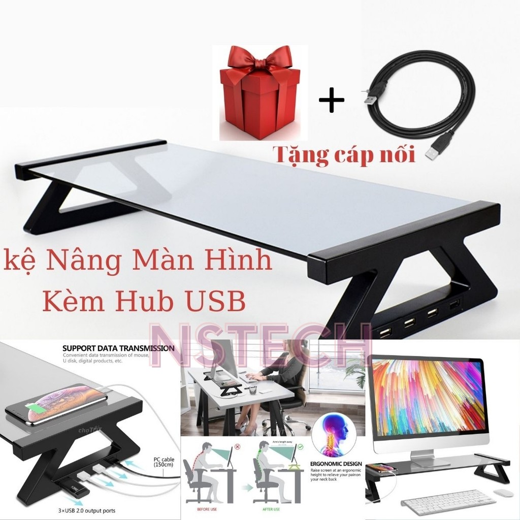 Giá kệ đỡ kê màn hình máy tính pc, máy tính, laptop kèm 4 hub usb cao cấp