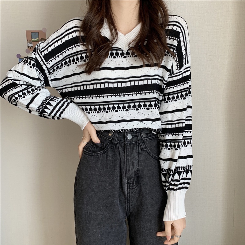 Áo sweater ZHELIHANGFEI tay dài dáng rộng cổ chữ V họa tiết kẻ sọc trẻ trung