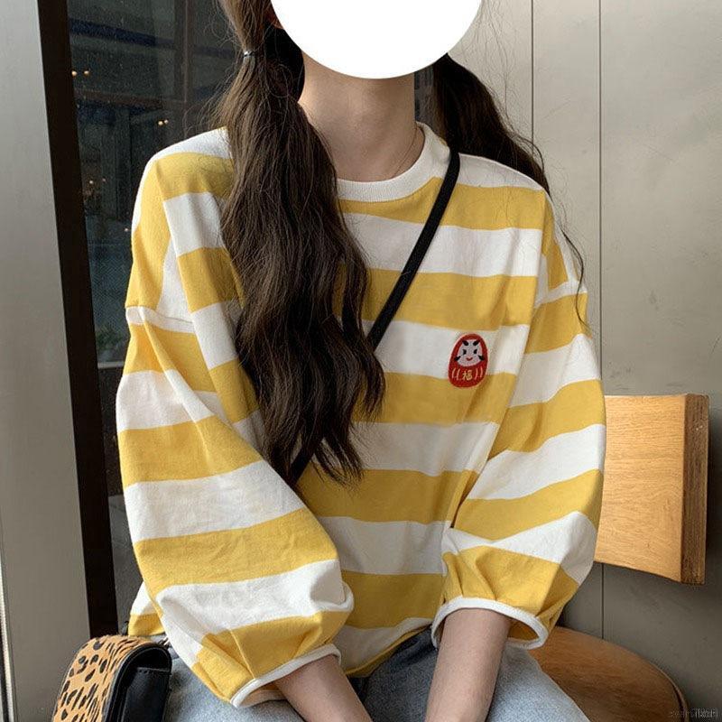 Áo thun nữ cổ tròn sọc ngang phong cách Hàn Quốc Loose T-Shirt