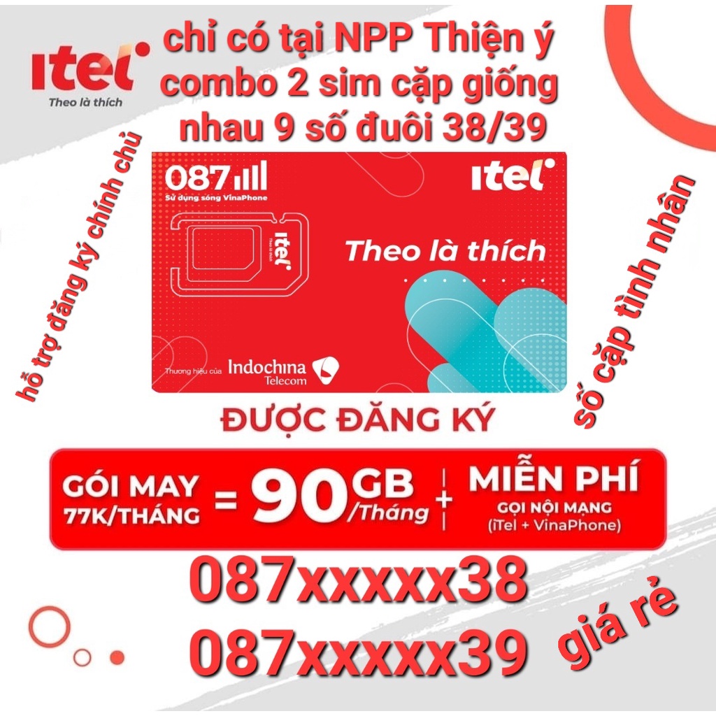 Combo 2 Sim itel Số Cặp Đuôi 38/39 gói may 90Gb-gọi miễn phí vinaphone