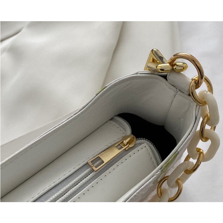 Túi xách nữ kẹp nách họa tiết hoa lá trẻ trung có chuỗi xích trang trí có hai màu trắng và xanh lá