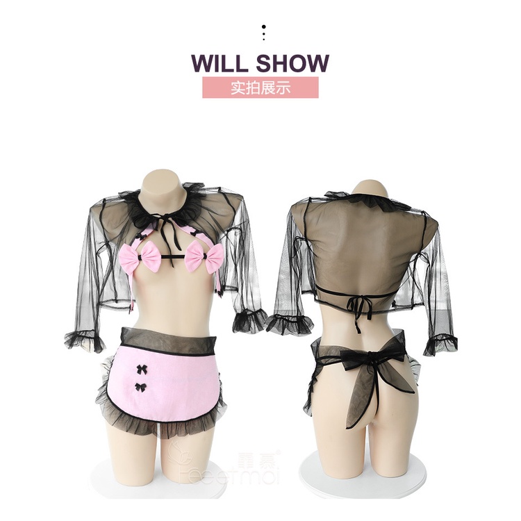 Cosplay hầu gái Nhật Bản độc đáo cá tính mẫu mới màu đen pha hồng nơ ngực siêu quyến rũ lọt khe