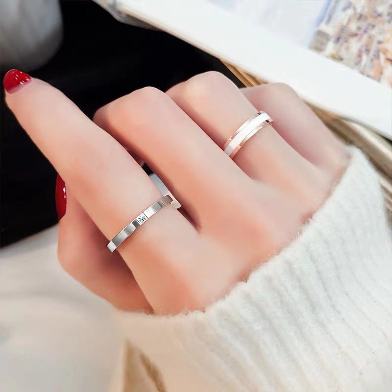 Nhẫn Cặp Bằng Titan Siêu Mỏng Màu Vàng Hồng Đính Kim Cương Sang Trọng | Trang Sức Bằng Thép Không Gỉ Không Phai Màu Hình Trái Tim Vĩnh Viễn