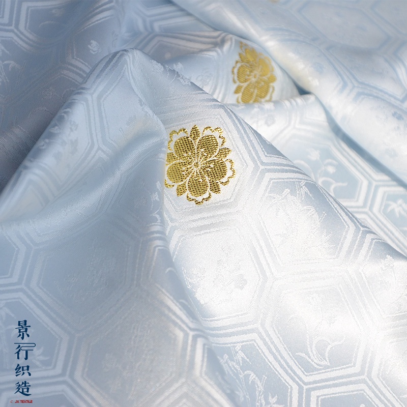 Jingxing Weaving Begonia Four Gentlemen Turtle Pattern Small Golden Flower Silk Satin Fabric Hanfu, Song Dynasty And Min