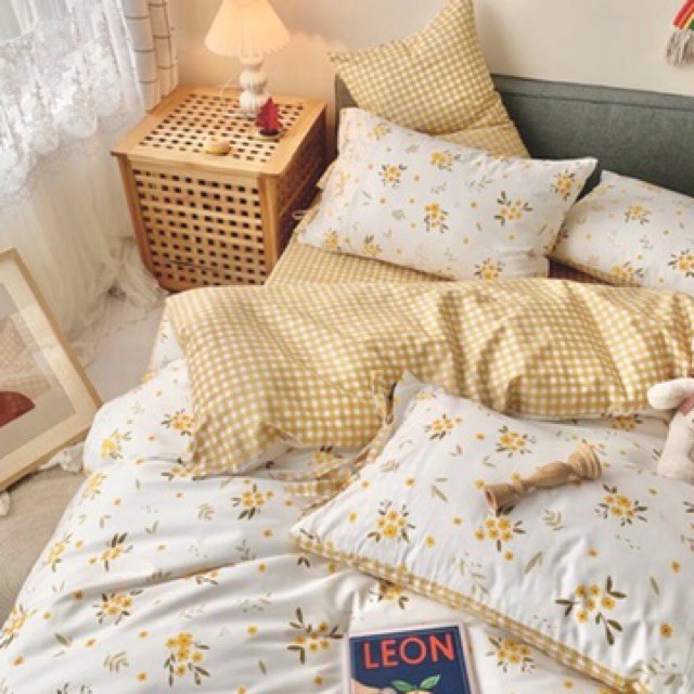 Cotton Living Hàn Quốc 4 Món Dây Nơ Hoa Nhí Vàng, Ga Gối Cotton Hàng Nhập Khẩu Nguyên Set, Vải Mềm Mịn