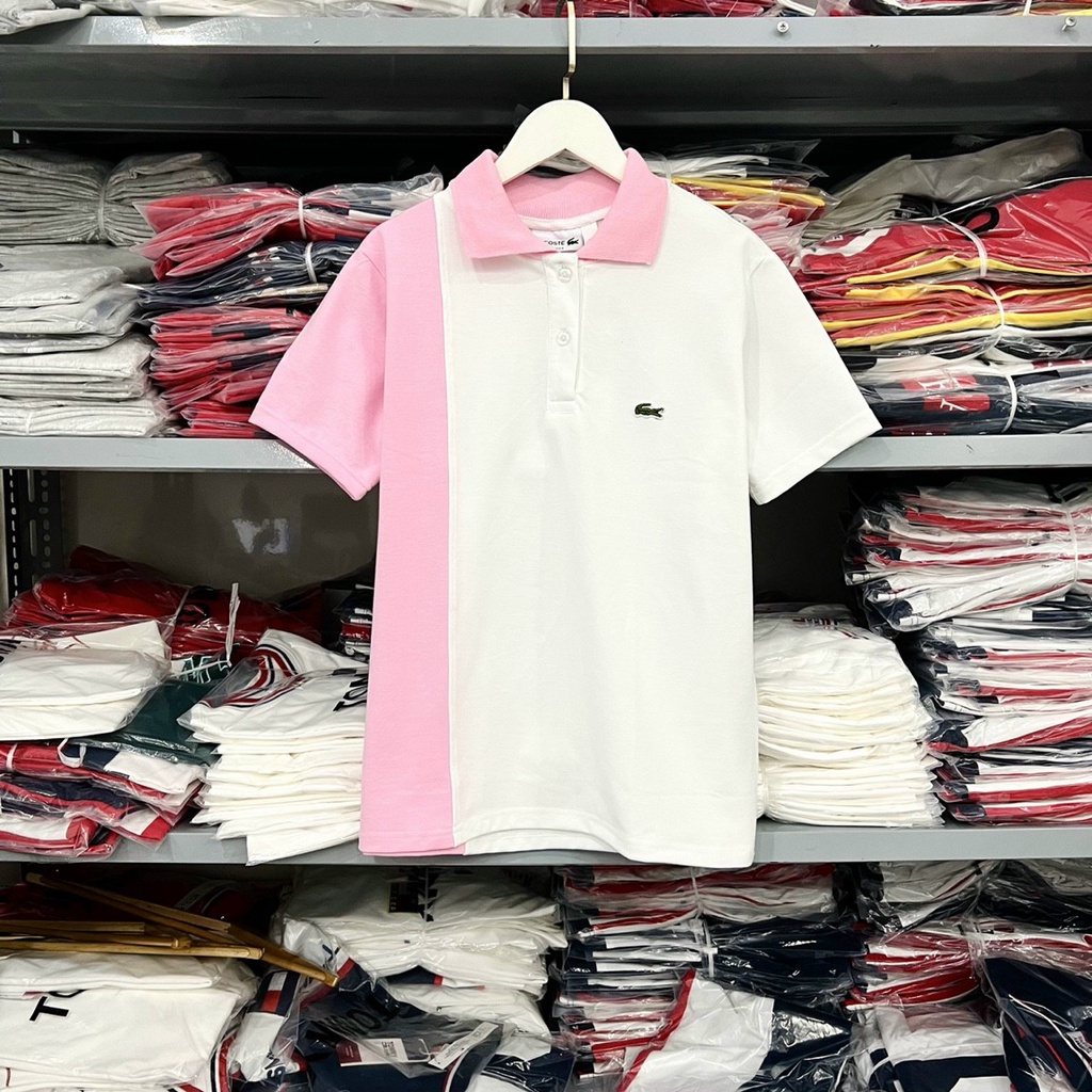 ÁO THUN CỔ TRỤ LACOSTE TRẮNG HỒNG VNXK   - COTTON CÁ SẤU 100%