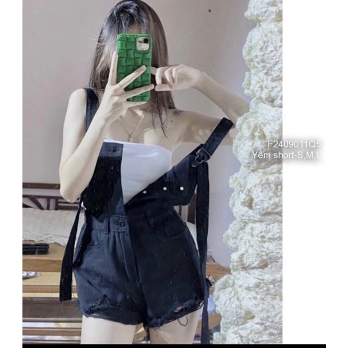 Quần yếm ngắn kaki jean hai dây nút 4 túi rách lai TT2409
