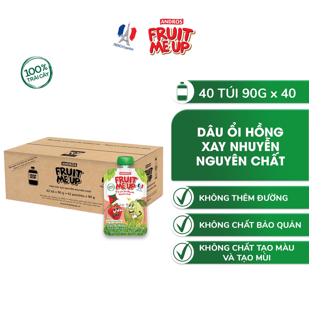 Thùng 40 Túi Trái Cây Xay Nhuyễn Vị Dâu Ổi Hồng - 100% trái cây thật - ANDROS FRUIT ME UP - 90gx40