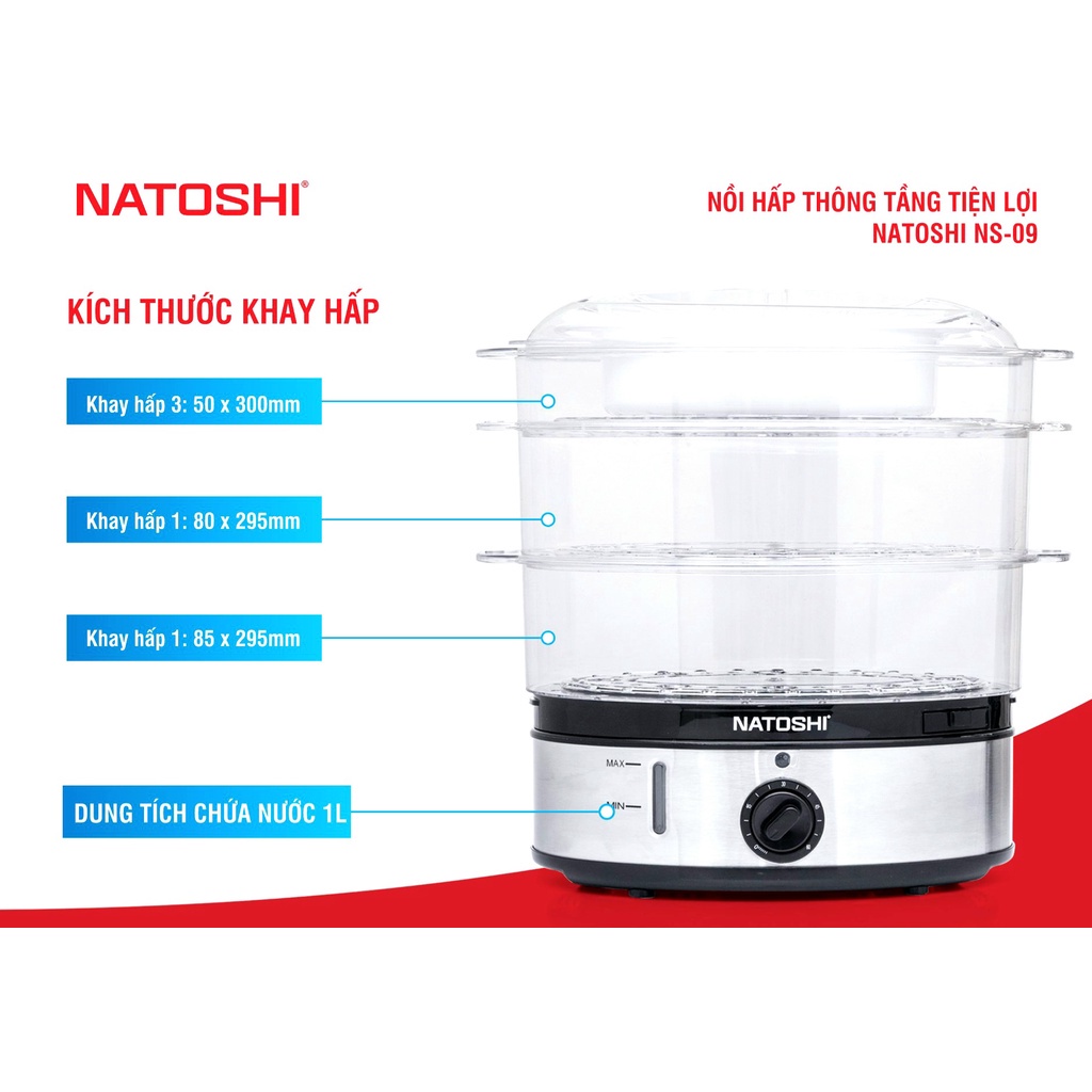 Nồi Hấp Thông Tầng Natoshi NS-09, 3 Tầng Tiện Lợi Chất Liệu Cao Cấp, Bảo Hành 12 Tháng