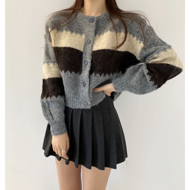 Áo Khoác Cardigan Dệt Kim Tay Dài Họa Tiết Kẻ Sọc Phong Cách Retro Hàn Quốc Thời Trang Thu Đông Cho Nữ