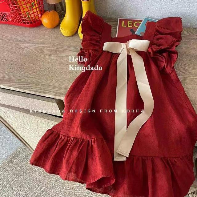 Đầm Công Chúa Thắt Nơ Đỏ Thời Trang Mùa Hè Hàn Quốc Cho Bé Gái