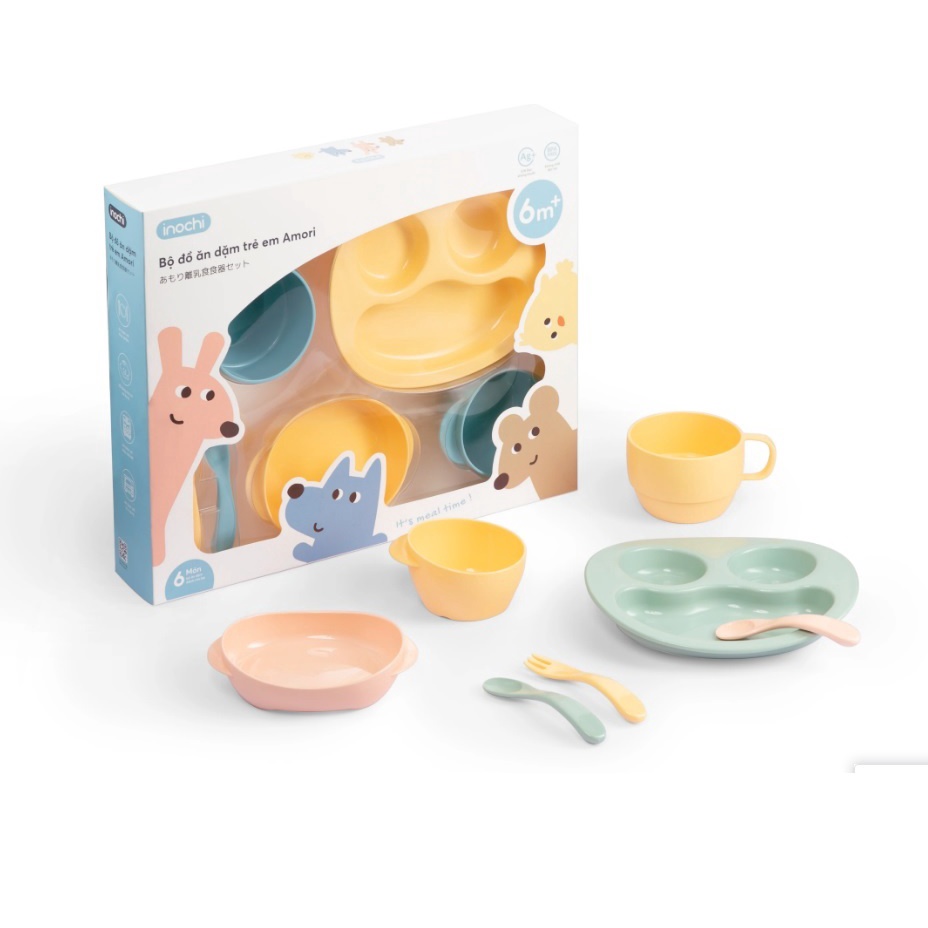 Trọn bộ hộp quà khay, chén, thìa nĩa, cốc tập ăn dặm Amori xuất Nhật của Inochi