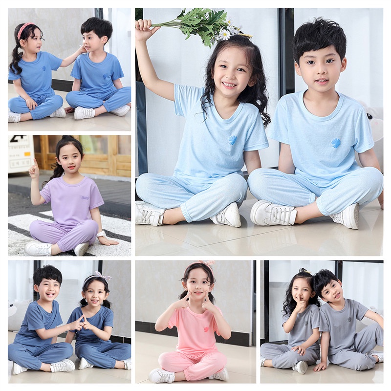 [LF.VN] Set Áo Thun + Quần Dài Trơn Màu Bằng Lụa Lạnh Kích Thước 100-150cm Thời Trang Xuân Hè Dành Cho Bé