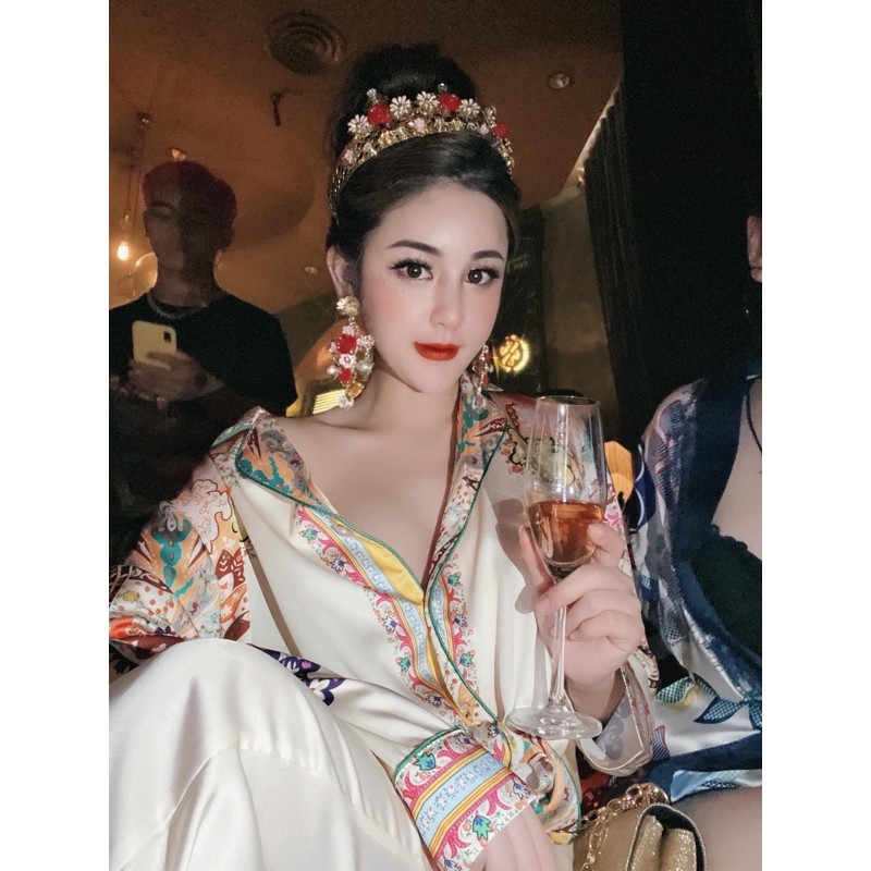 BỘ LỤA PIJAMA DÀI CHĂM VÀNG CAO CẤP