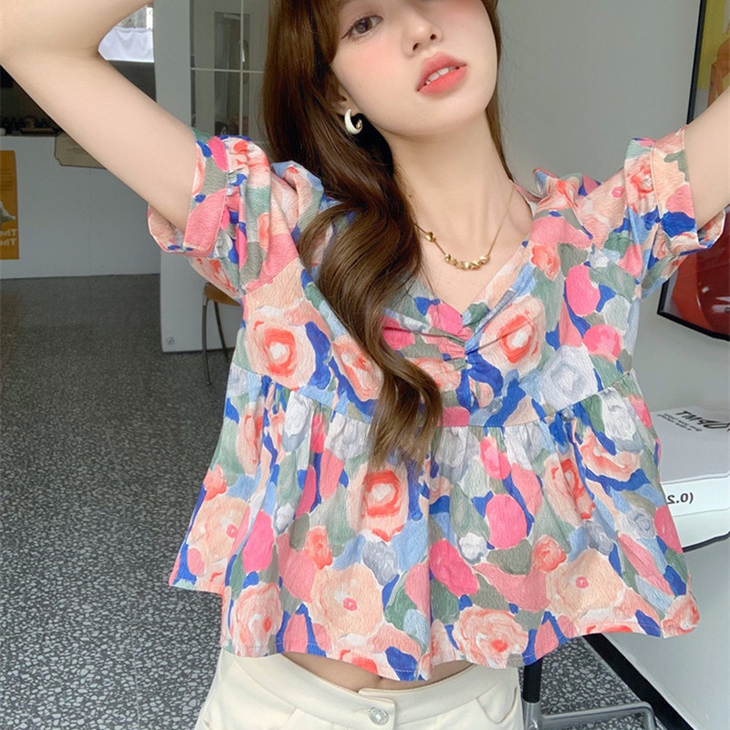 SUXI Áo Sơ Mi Tay Ngắn Cổ Chữ V Dáng Ôm In Họa Tiết Hoa Kiểu Vintage Thời Trang Mùa Hè