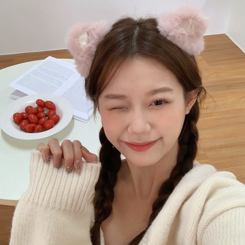 Kẹp tóc hình tai mèo phối lông thỏ đáng yêu