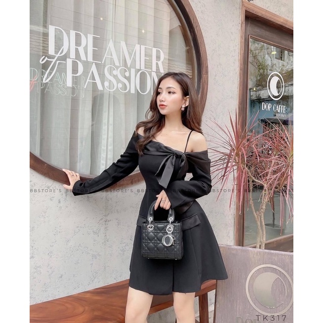Đầm nữ đầm dự tiệc lệch vai 2 dây dáng xoè nơ ngực tiểu thư 2 lớp sang chảnh