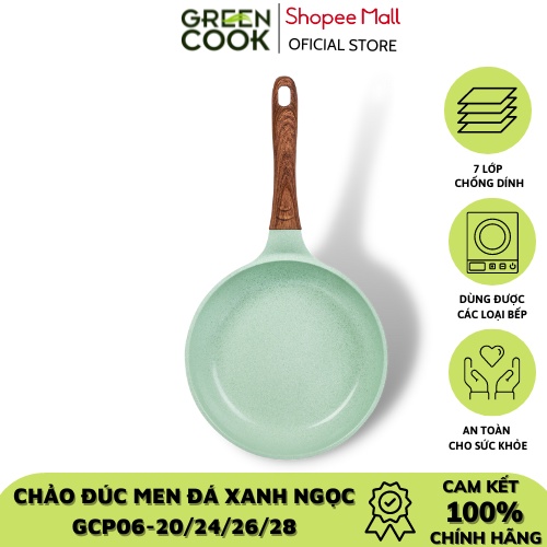 Chảo đúc đáy từ chống dính men đá ceramic xanh ngọc 20-24-26-28 cm Green Cook GCP06 công nghệ Hàn Quốc