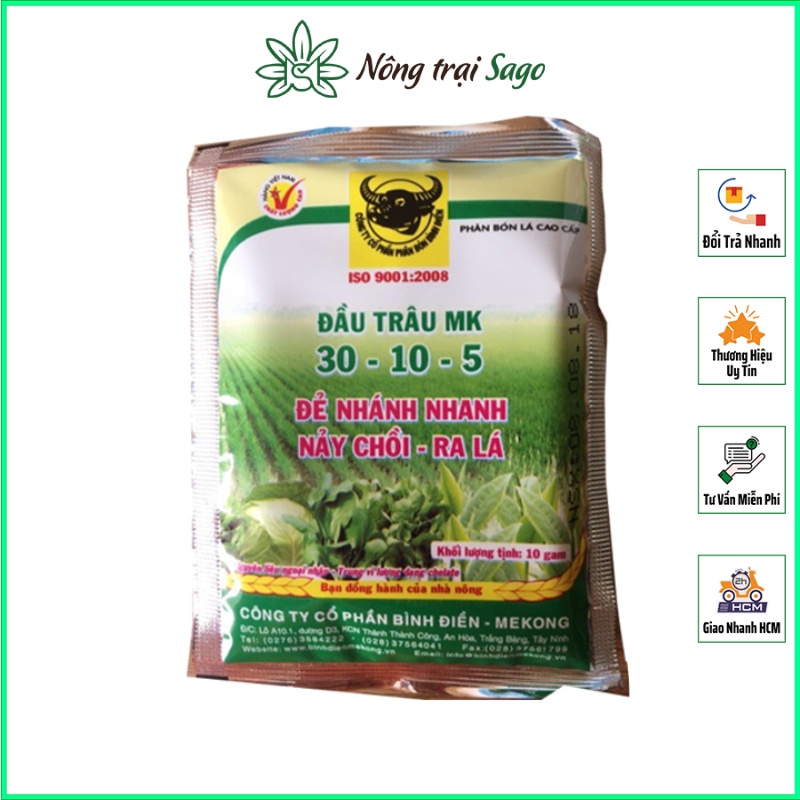 Phân Bón Lá Đầu Trâu Kích Đẻ Nhánh, Nảy Chồi, Ra Lá - Đầu Trâu MK 30-10-5 (gói 10gram) - Nông Trại Sago